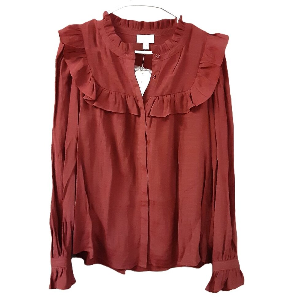 Vintage Wonderly Woman's Top Size MED, Long Sleeve, Ruffle, Button up, Brown